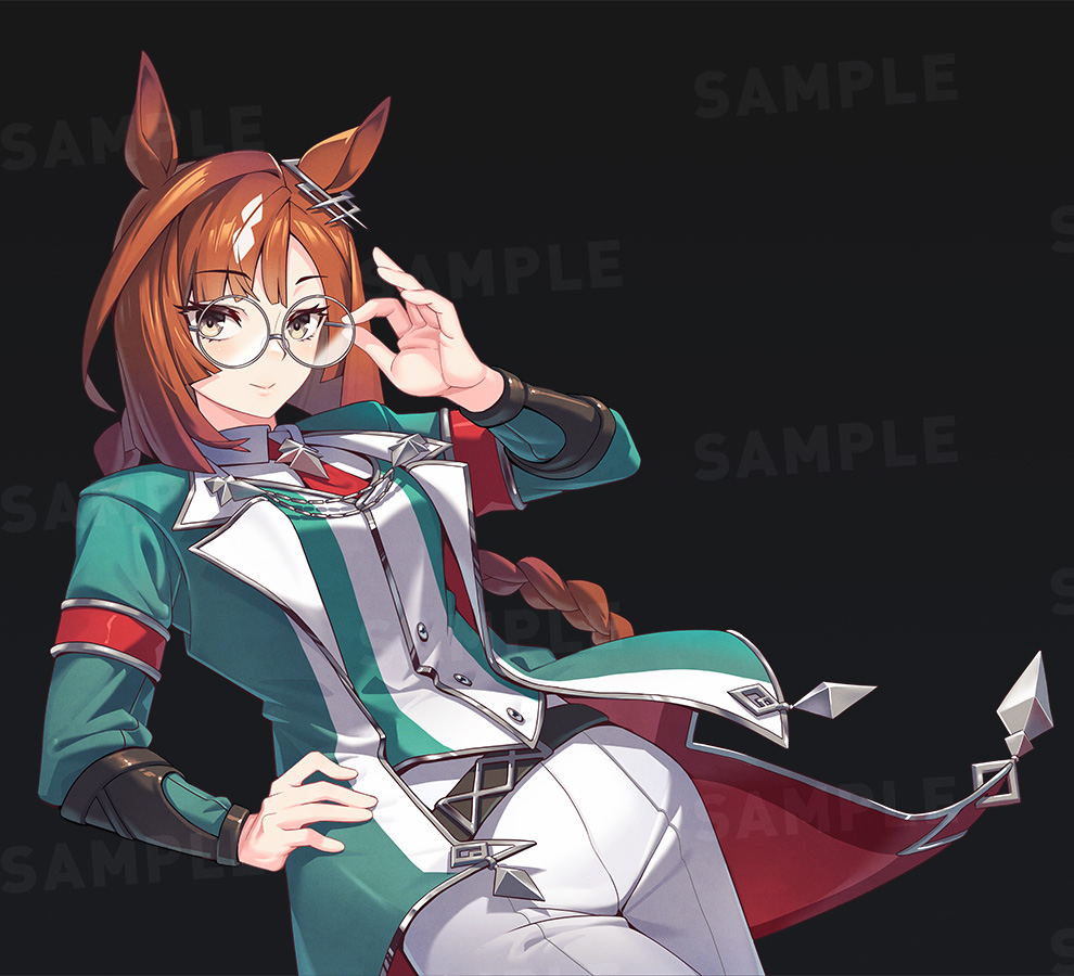sinnra art, ikuno dictus (mantle of steel) (umamusume), ikuno dictus (umamusume), umamusume, adjusting eyewear, animal ears, braid, braided ponytail, coat, ear ornament, ears through headwear, glasses, green coat, green jacket, grey-framed eyewear, horse ears, horse girl, horse tail, jacket, necktie, pants, red necktie, round eyewear, tail, vest, white pants, white vest