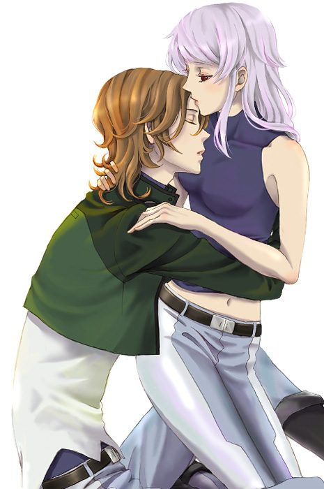 hyaku, anew returner, lockon stratos, lyle dylandy, gundam, gundam 00, bad id, bad pixiv id, 00s, closed eyes, hug, midriff