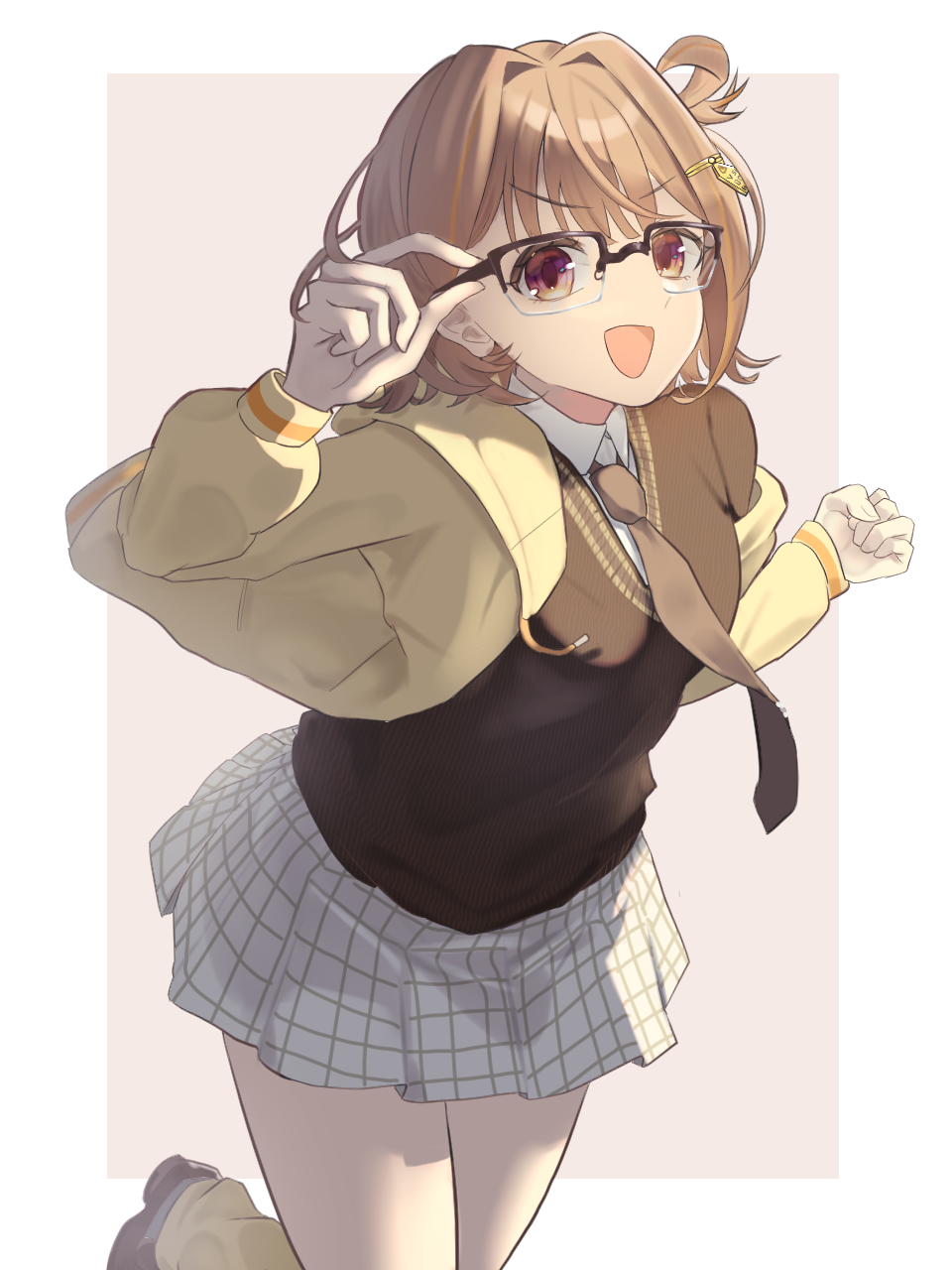 y3 (user heyx5852), sendo yuuhi, sendo yuuhi (1st costume), vspo!, commentary request, highres, partial commentary, 1girl, :d, adjusting eyewear, border, brown background, brown eyes, brown hair, brown necktie, brown shoes, brown sweater, clenched hand, collared shirt, colored skin, dress, glasses, grey skin, hair ornament, hair rings, hands up, hood, hood down, hooded jacket, jacket, leg up, long sleeves, looking at viewer, loose socks, medium hair, miniskirt, necktie, open clothes, open jacket, open mouth, over-rim eyewear, plaid clothes, plaid skirt, pleated dress, rectangular eyewear, semi-rimless eyewear, shirt, shoes, simple background, single hair ring, skirt, smile, socks, solo, sweater, thighs, v-shaped eyebrows, virtual youtuber, white border, white shirt, yellow jacket, yellow socks