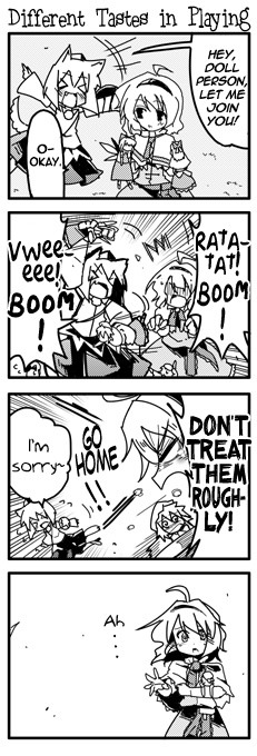 alice margatroid, inubashiri momiji, touhou, hard-translated, third-party edit, translated, 4koma, comic, doll, english text, female focus, greyscale, monochrome, tsundere