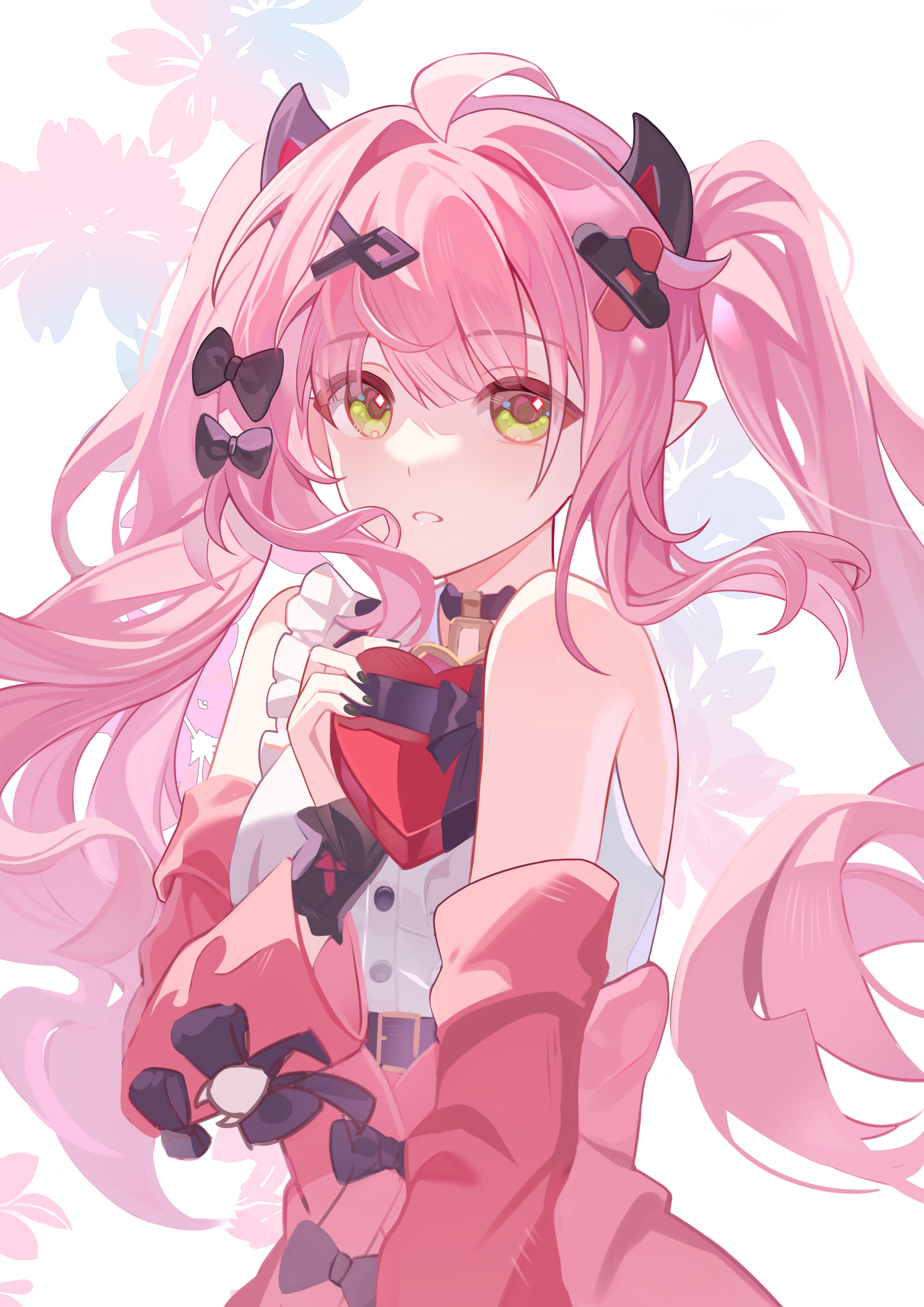 abby riddle, honkai: nexus anima, honkai (series), absurdres, highres, 1girl, bare shoulders, black bow, black nails, bow, box, choker, detached sleeves, dress, floral background, gift, green eyes, hair bow, hair ornament, heart, heart-shaped box, holding, horns, long hair, long sleeves, looking at viewer, parayaya (honkai: nexus anima), parted lips, pink hair, pink sleeves, pointy ears, shirt, sleeveless, solo, twintails, very long hair, virtual youtuber, white background, white shirt, x hair ornament, yellow eyes