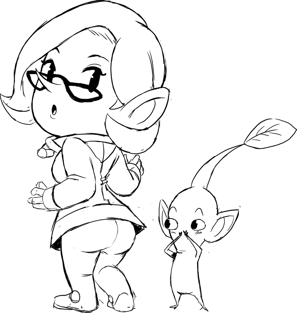 teevo, brittany (pikmin), yellow pikmin, nintendo, pikmin (series), alien, ass, butt crack outline, glasses, gluteal fold, looking back, open mouth, pikmin (creature), pointy ears, pointy nose, short hair, sketch