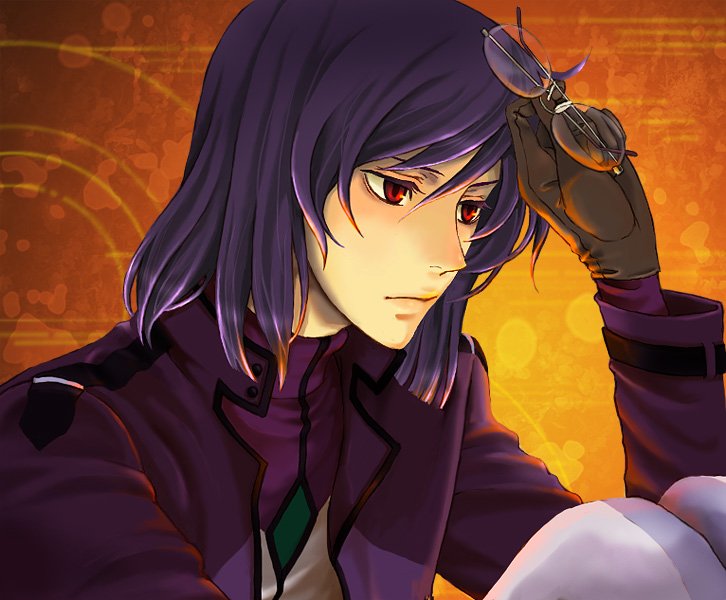 hyaku, tieria erde, gundam, gundam 00, uniform, 00s, 1boy, brown gloves, glasses, gloves, goggles, goggles on head, long sleeves, male focus, purple hair, red eyes, solo, upper body