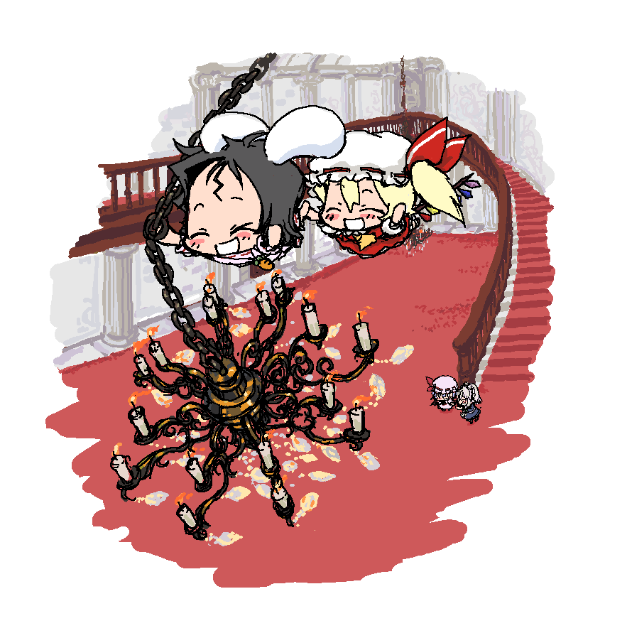 baku taso, itigekimaru, flandre scarlet, inaba tewi, izayoi sakuya, remilia scarlet, touhou, 4girls, chandelier, chibi, female focus, flying, happy, hat, indoors, multiple girls