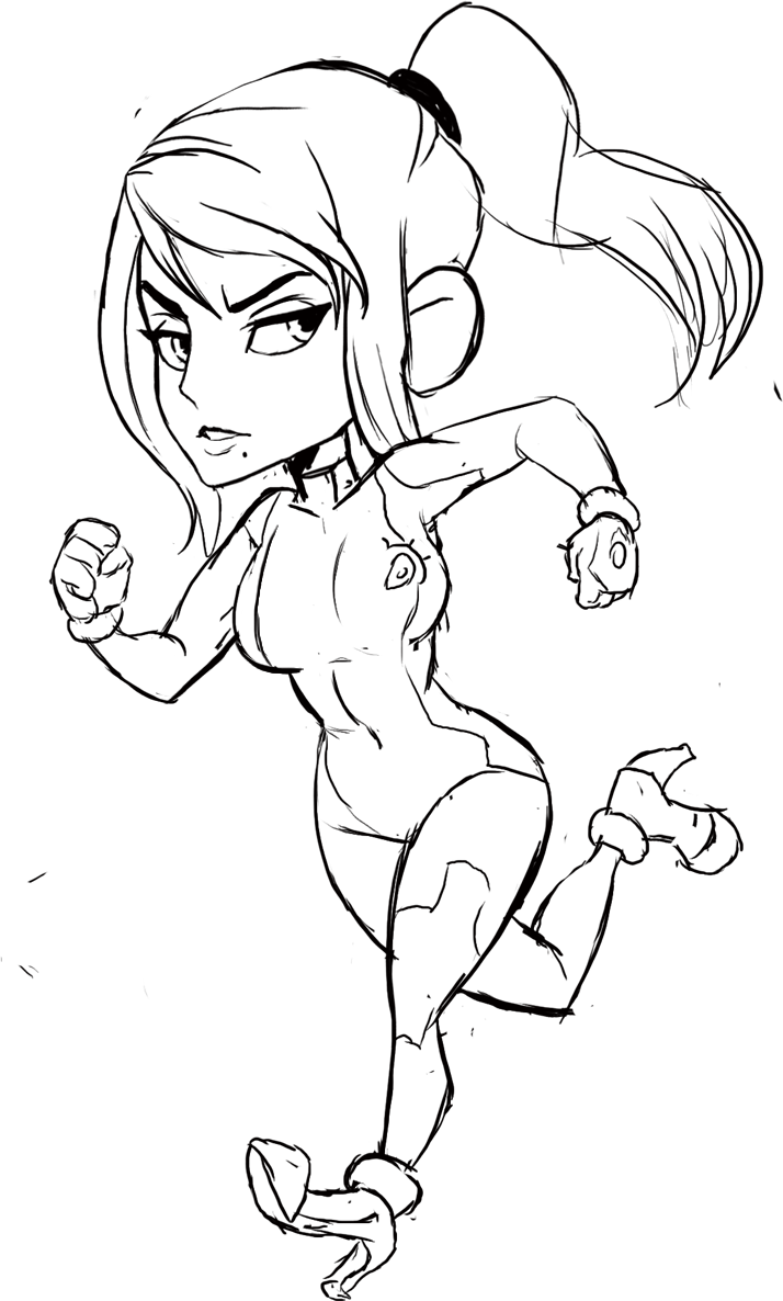 teevo, samus aran, metroid, nintendo, bodysuit, high heels, looking back, mole, ponytail, running, sketch