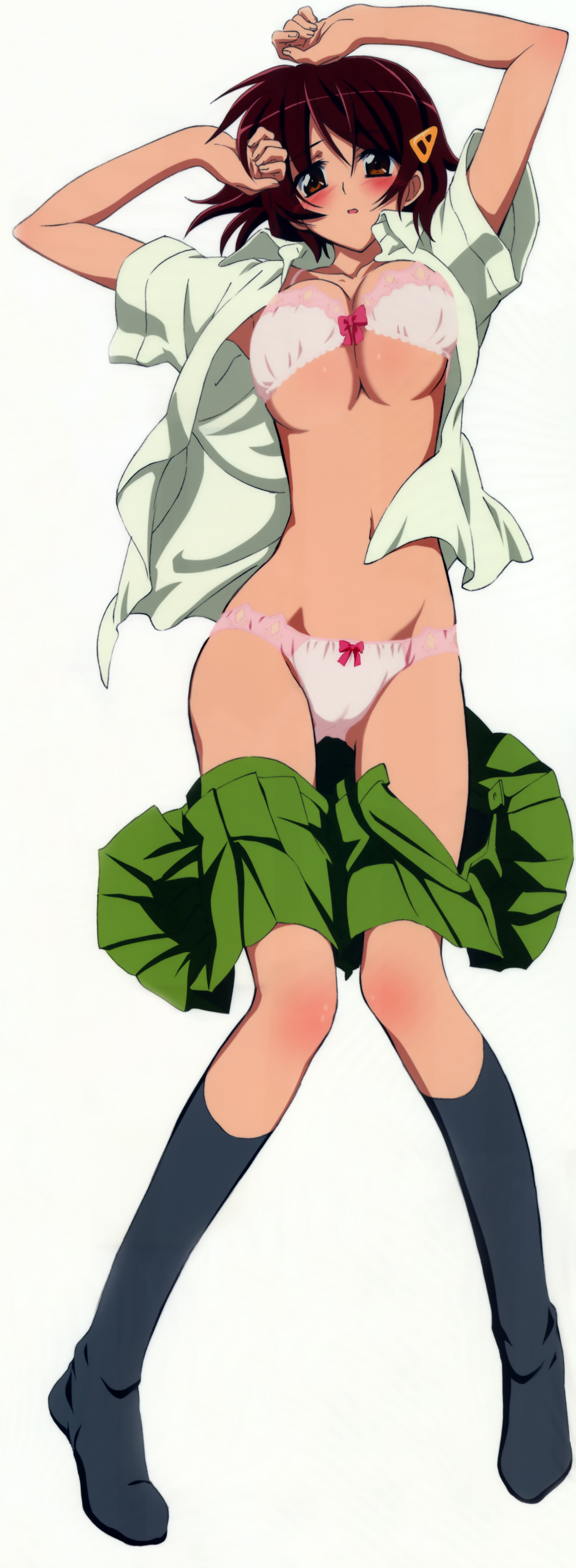 fujiwara naeka, kamen no maid guy, absurdres, highres, long image, non-web source, tall image, 00s, 1girl, blush, bow, bra, breasts, brown eyes, brown hair, cleavage, female focus, large breasts, lingerie, open clothes, open shirt, panties, school uniform, shirt, short hair, socks, solo, underboob, underwear