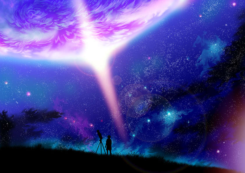 kageyama madoka, sven cal bayan, gundam, gundam seed, gundam seed c.e. 73: stargazer, light, 00s, 1boy, lens flare, male focus, night, sky, solo, star (sky), star (symbol), starry sky, telescope