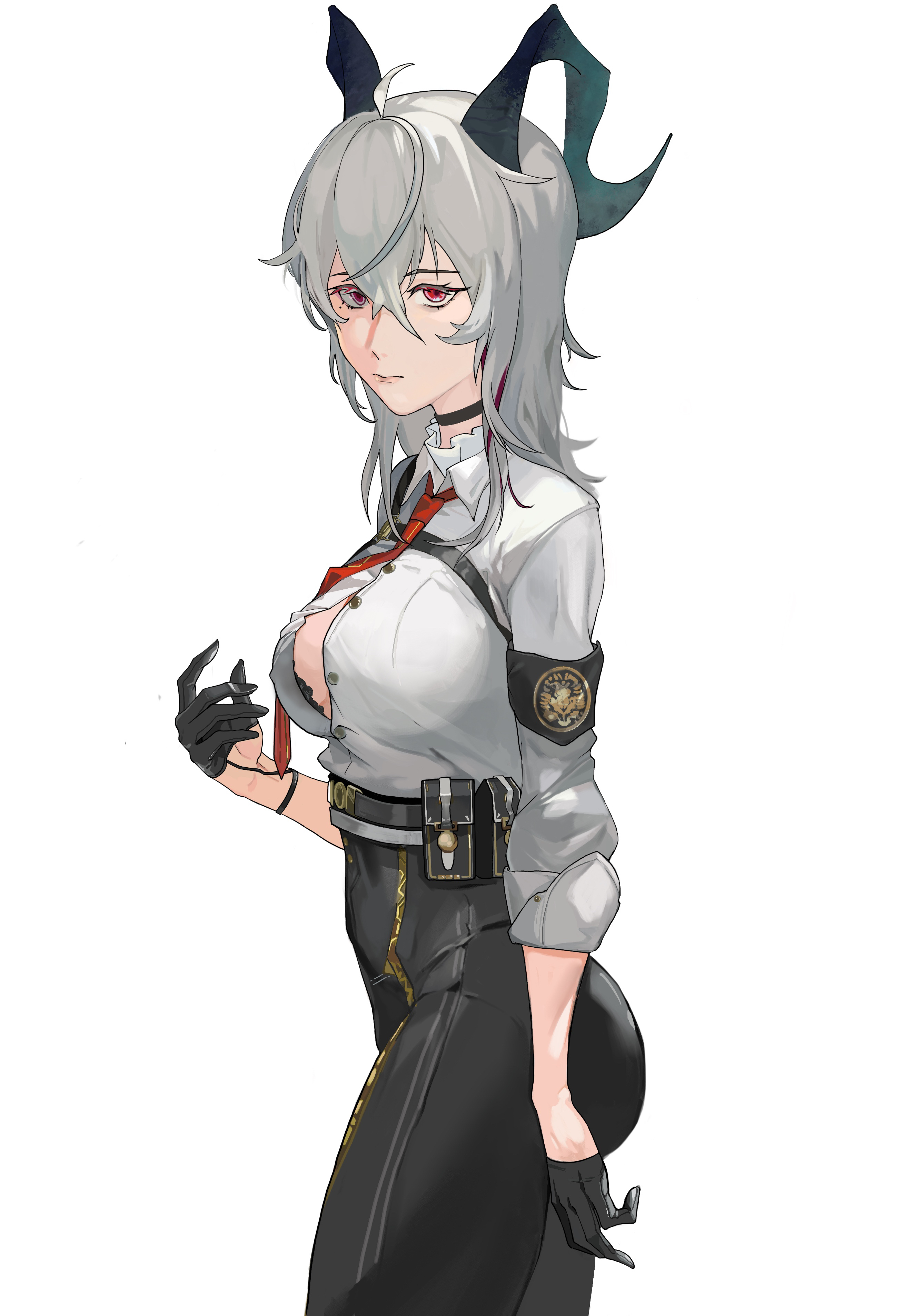 2540022058, zani (wuthering waves), wuthering waves, absurdres, chinese commentary, commentary request, highres, 1girl, ahoge, ass, black choker, black gloves, black horns, black pants, breasts, choker, closed mouth, collared shirt, curled horns, gloves, grey hair, hair between eyes, hand up, horns, large breasts, long hair, looking at viewer, looking to the side, multicolored hair, necktie, pants, red eyes, red necktie, shirt, simple background, solo, streaked hair, white background, white shirt