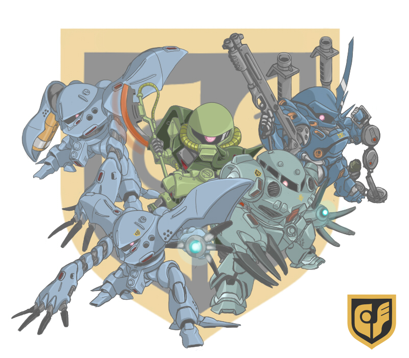 takamaru, takamaru (taka1220), hygogg, kampfer (mobile suit), z'gok, z'gok-e, zaku, zaku ii, zaku ii fz kai, gundam, gundam 0080, 1980s (style), axe, chain mine, chibi, claws, emblem, gun, heat hawk, m1 bazooka, mecha, no humans, oldschool, retro artstyle, robot, rocket launcher, shotgun, sturm faust, weapon, zeon