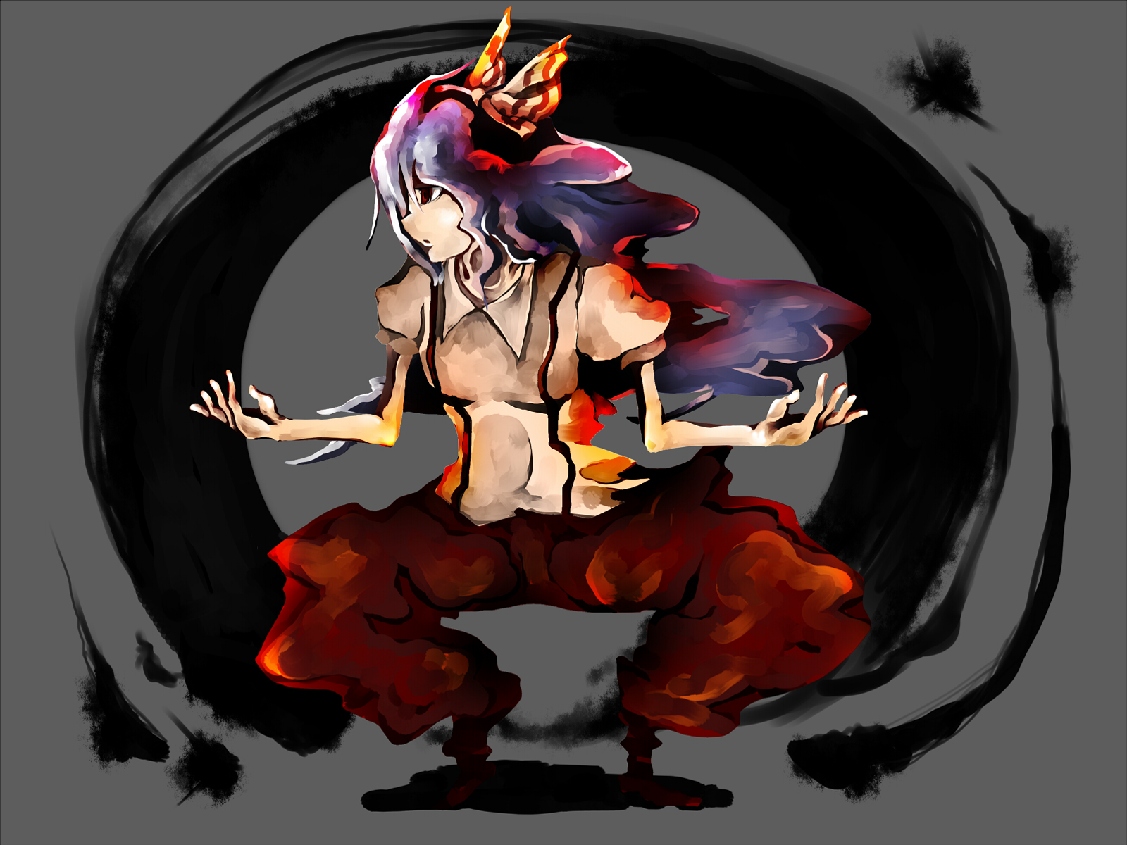 shinta (artist), tokoroten (hmmuk), fujiwara no mokou, touhou, bad id, bad pixiv id, highres, 1girl, female focus, long hair, solo, squatting, very long hair