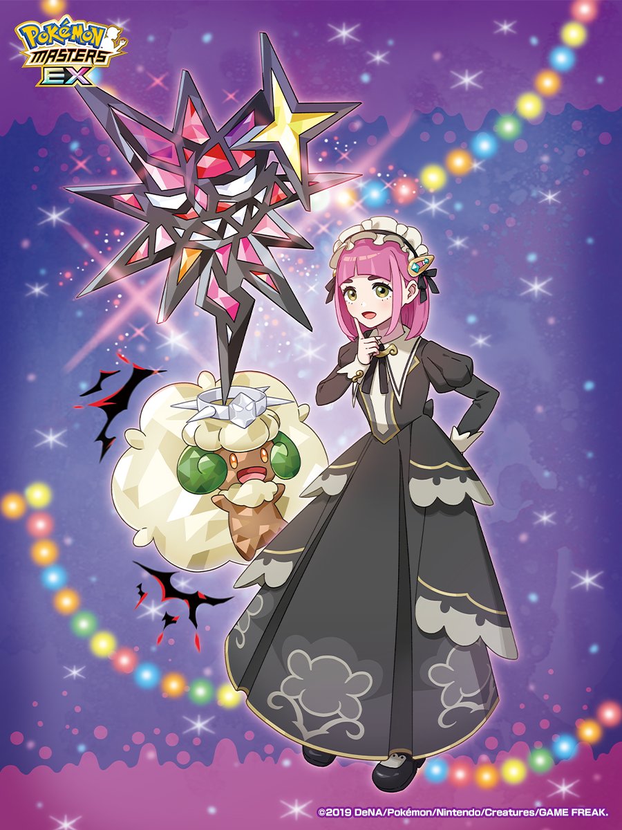 lacey (fall 2025) (pokemon), lacey (pokemon), whimsicott, nintendo, pokemon, pokemon masters ex, commentary request, highres, official art, 1girl, :d, arched bangs, black ribbon, black shoes, copyright name, dress, eyelashes, gen 5 pokemon, hair ornament, hair ribbon, hairclip, hand up, happy, headdress, index finger raised, long sleeves, medium hair, official alternate costume, open mouth, pokemon (creature), purple hair, ribbon, shoes, smile, terastallization, tongue, watermark