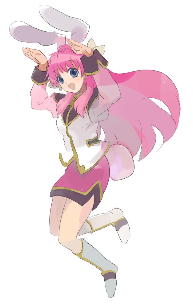 asasow, milfeulle sakuraba, galaxy angel, bad id, bad pixiv id, 00s, 1girl, :d, animal ears, blue eyes, female focus, flower, jumping, long hair, open mouth, pencil skirt, pink hair, rabbit ears, rabbit pose, simple background, skirt, smile, solo, tail