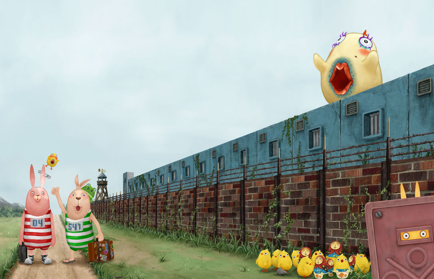 kanshukov, kirenenko (usavich), komanech, leningrad, putin (usavich), usavich, baby animal, bird, briefcase, chick, doll, frog, grass, mountain, no humans, open mouth, prison, road, safety pin, thumbs up