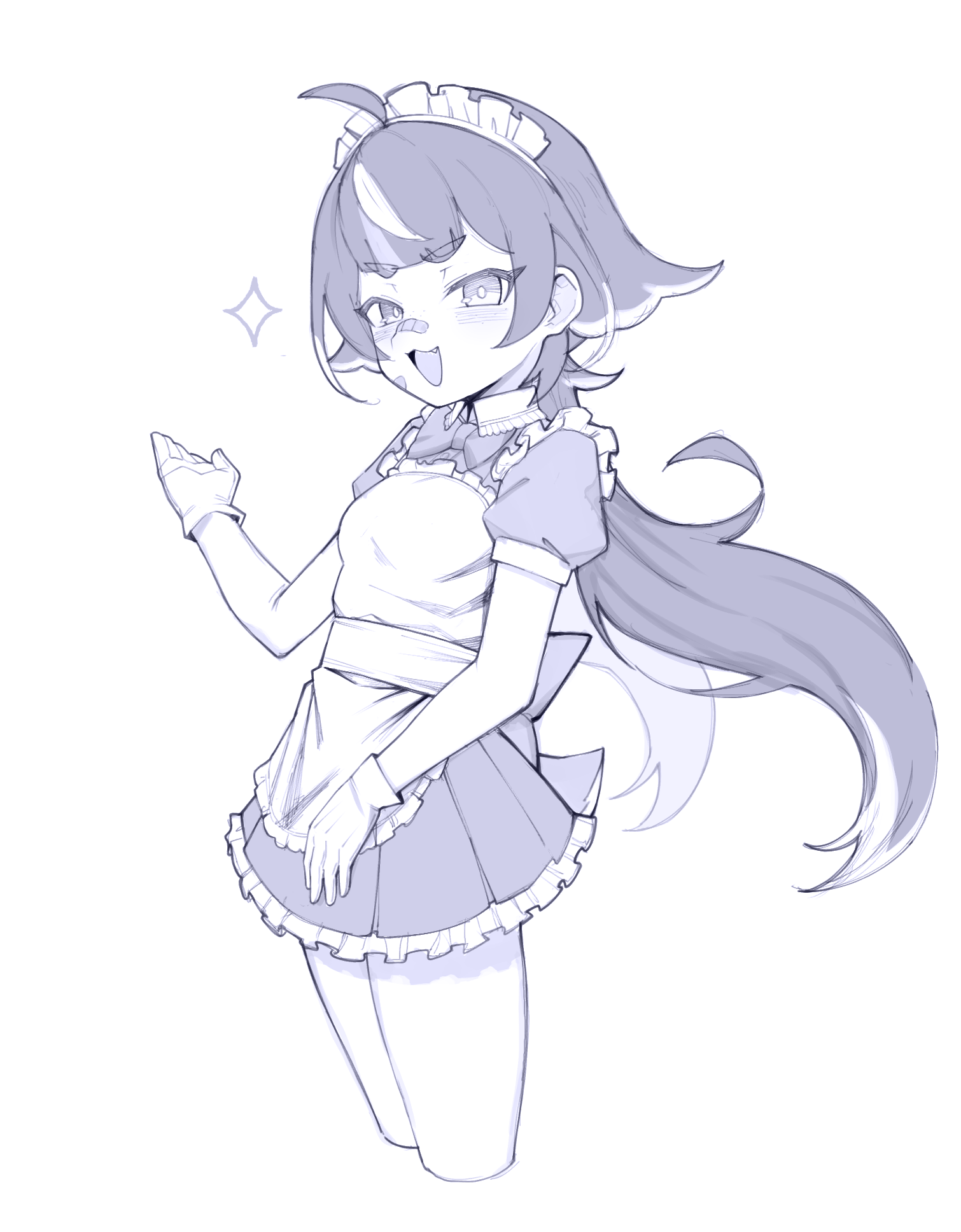 indie virtual youtuber, commentary, gesture request, highres, unfinished, 1girl, :3, :d, ahoge, alternate costume, apron, back bow, bandaid, bandaid on cheek, bandaid on face, bandaid on nose, blush, bow, bowtie, cropped legs, dress, el sabroso yuu, enmaided, fang, frilled apron, frilled dress, frills, gloves, greyscale, hair flaps, long hair, looking at viewer, low twintails, maid, maid apron, maid headdress, monochrome, multicolored hair, open mouth, puffy short sleeves, puffy sleeves, short dress, short sleeves, sketch, smile, smug, spanish commentary, sparkle, streaked hair, thick eyebrows, toko (vtuber), twintails, virtual youtuber, white background, wing collar