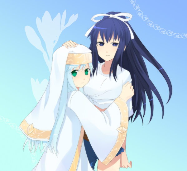 mir (artist), index (toaru majutsu no index), kanzaki kaori, toaru majutsu no index, habit, bad id, bad pixiv id, 00s, blue eyes, blue hair, green eyes, hair ribbon, hug, long hair, ribbon