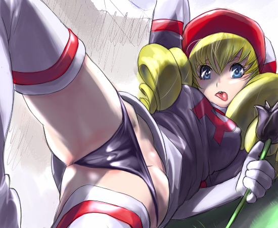 otsukare, domino (pokemon), nintendo, pokemon, pokemon (anime), 1girl, blonde hair, blue eyes, boots, clothes writing, drill hair, female focus, flower, hat, panties, rose, solo, team rocket, thigh boots, thighhighs, tongue, top-down bottom-up, tulip, underwear