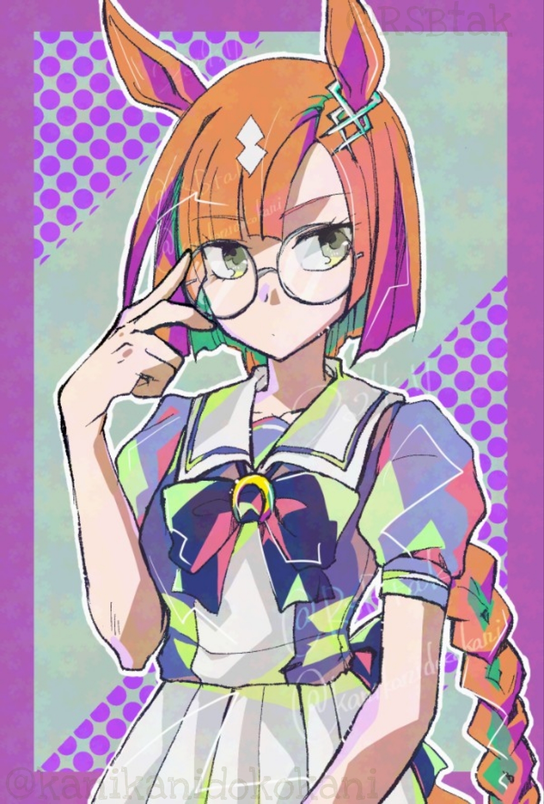 ikuno dictus (umamusume), umamusume, highres, adjusting eyewear, animal ears, bow, braid, braided ponytail, ear ornament, ears through headwear, glasses, grey-framed eyewear, horse ears, horse girl, horse tail, long hair, multicolored hair, round eyewear, school uniform, tail, tracen school uniform, yrsni44444