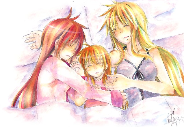 fate testarossa, takamachi nanoha, vivio, lyrical nanoha, mahou shoujo lyrical nanoha, mahou shoujo lyrical nanoha strikers, 00s, 3girls, bare shoulders, bed, blanket, blonde hair, blush, breasts, brown hair, camisole, cleavage, closed eyes, collarbone, couple, long hair, multiple girls, pillow, red hair, sleeping, very long hair, yuri