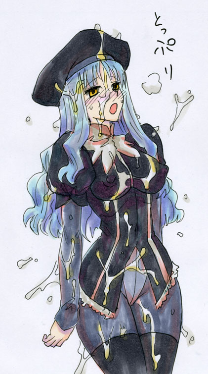 kikuta, caren hortensia, fate/stay night, fate (series), traditional media, 00s, 1girl, blue hair, breasts, bukkake, covered erect nipples, cum, cum on body, cum on breasts, cum on clothes, cum on hair, cum on upper body, female focus, layered sleeves, long hair, panties, pantyhose, solo, thighband pantyhose, thighhighs, underwear, yellow eyes