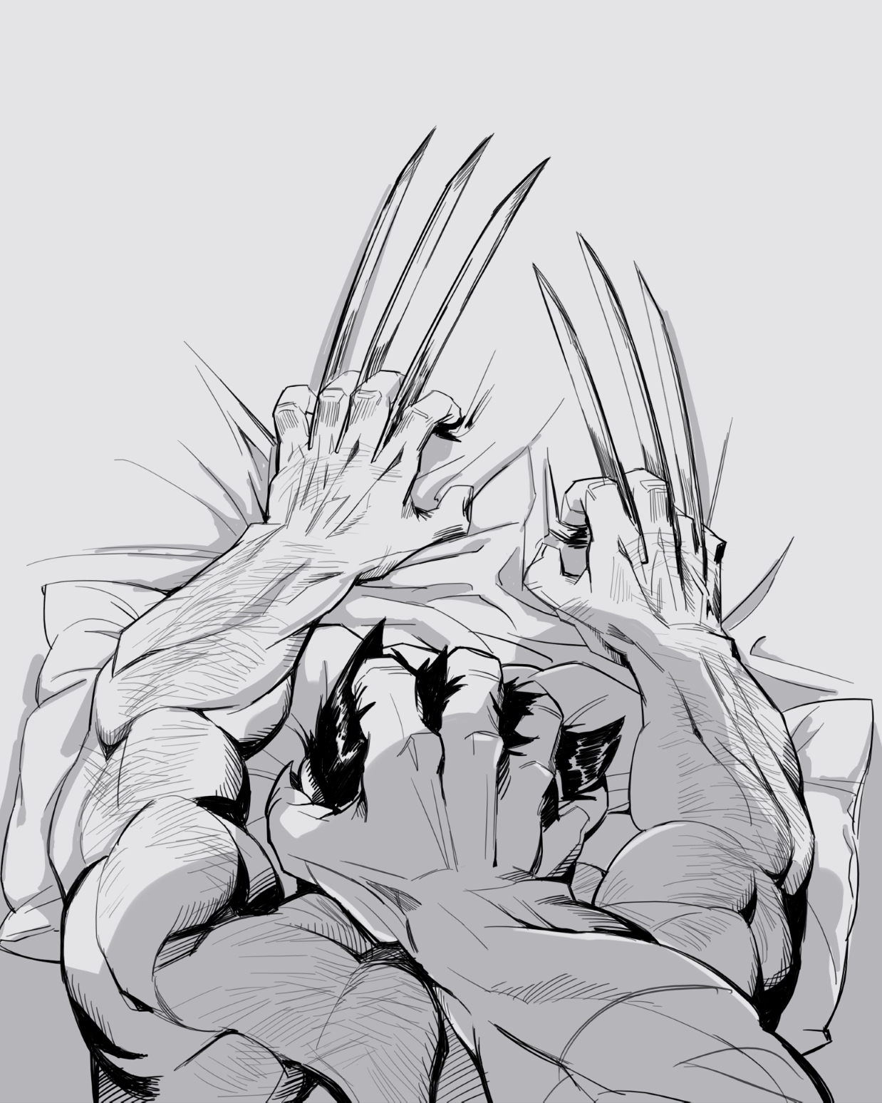 y38737, sabertooth (x-men), wolverine (x-men), marvel, x-men, commentary, english commentary, highres, 2boys, arm hair, back, back hair, bara, grabbing another's head, greyscale, hairy, hand hair, lying, male focus, monochrome, multiple boys, muscular, muscular male, on stomach, short hair, solo focus, yaoi
