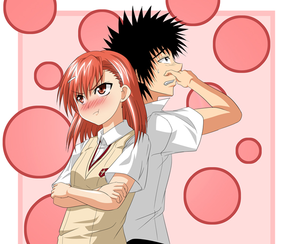kazuhiro (tiramisu), kamijou touma, misaka mikoto, toaru kagaku no railgun, toaru majutsu no index, 00s, 1boy, 1girl, angry, back-to-back, black eyes, black hair, blush, brown eyes, brown hair, clenched teeth, couple, crossed arms, embarrassed, hair ornament, hairclip, looking up, school uniform, scratching, short hair, spiked hair, sweat, sweater vest, teeth