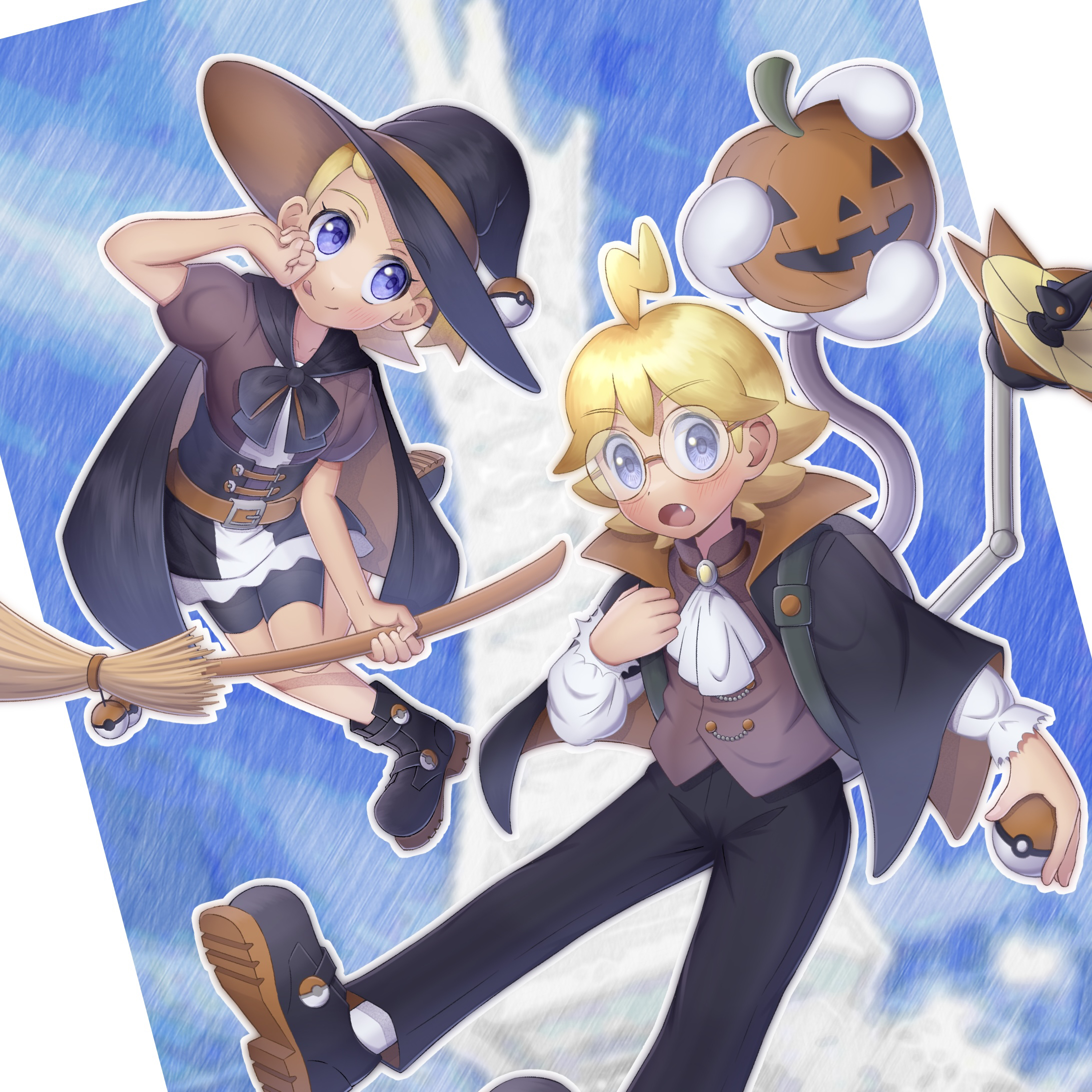 bonnie (pokemon), clemont (pokemon), nintendo, pokemon, pokemon xy, commentary request, highres, 1boy, 1girl, ahoge, alternate costume, aoyama yuta, ascot, bike shorts, black boots, black cape, black pants, black shoes, blonde hair, boots, broom, brother and sister, brown shirt, cape, fang, glasses, grey eyes, hat, holding, holding broom, holding poke ball, jack-o'-lantern, long sleeves, mechanical arms, open mouth, pants, poke ball, poke ball (basic), round eyewear, shirt, shoes, short sleeves, siblings, socks, tongue, vest, white ascot, white socks, witch hat
