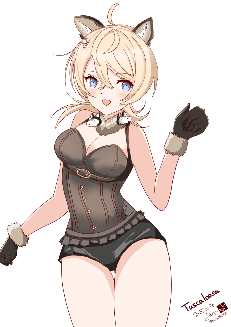 michaelsch55, tuscaloosa (halloween) (kancolle), tuscaloosa (kancolle), kantai collection, 1girl, animal costume, animal ears, black gloves, black shorts, blonde hair, blue eyes, breasts, brown tank top, claw pose, cleavage, fake animal ears, fangs, fur trim, gloves, hair ornament, halloween costume, large breasts, looking at viewer, medium hair, official alternate costume, open mouth, short shorts, shorts, solo, tank top, wolf ears, wolf girl