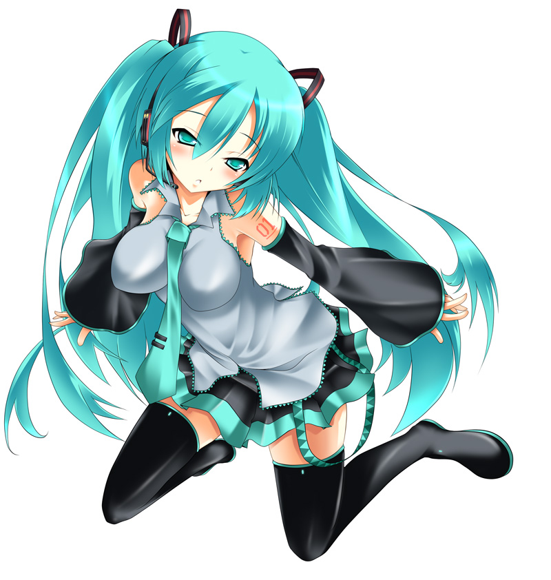 nana (732 kaiten), hatsune miku, vocaloid, aqua eyes, bare shoulders, blue hair, blush, long hair, necktie, skirt, solo, thighhighs, twintails