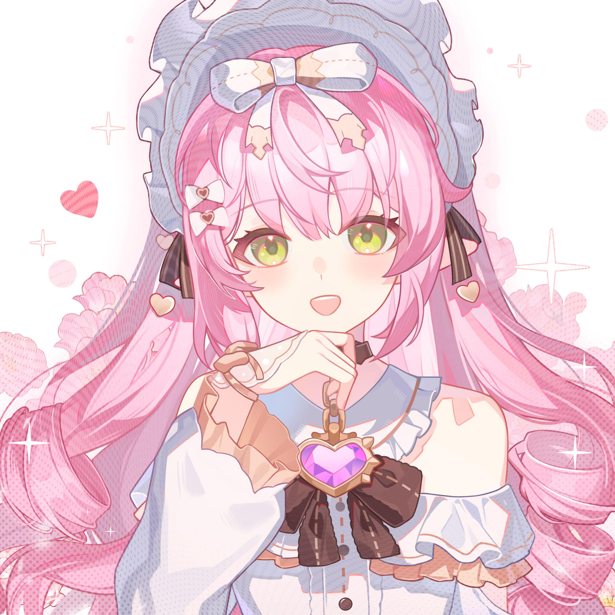 abby riddle, honkai: nexus anima, honkai (series), bad source, highres, 1girl, :d, bare shoulders, blush, bonnet, bow, drill hair, flower, frills, green eyes, hair bow, hair ornament, hand up, heart, long hair, long sleeves, looking at viewer, open mouth, parayaya (honkai: nexus anima), pink hair, smile, solo, twin drills, upper body, white background, white bow
