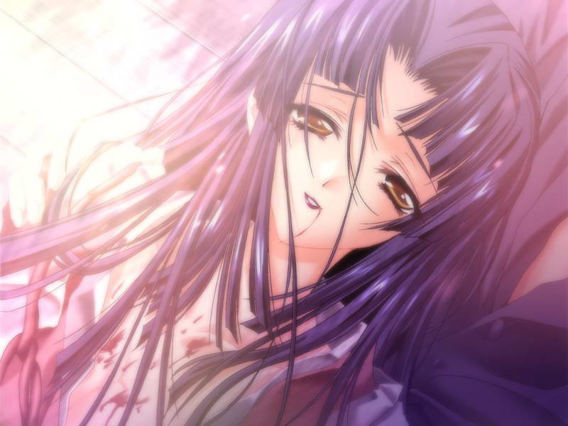 carnelian, kao no nai tsuki, game cg, 00s, 1girl, blood, female focus, japanese clothes, long hair, priestess, purple hair, solo, yellow eyes