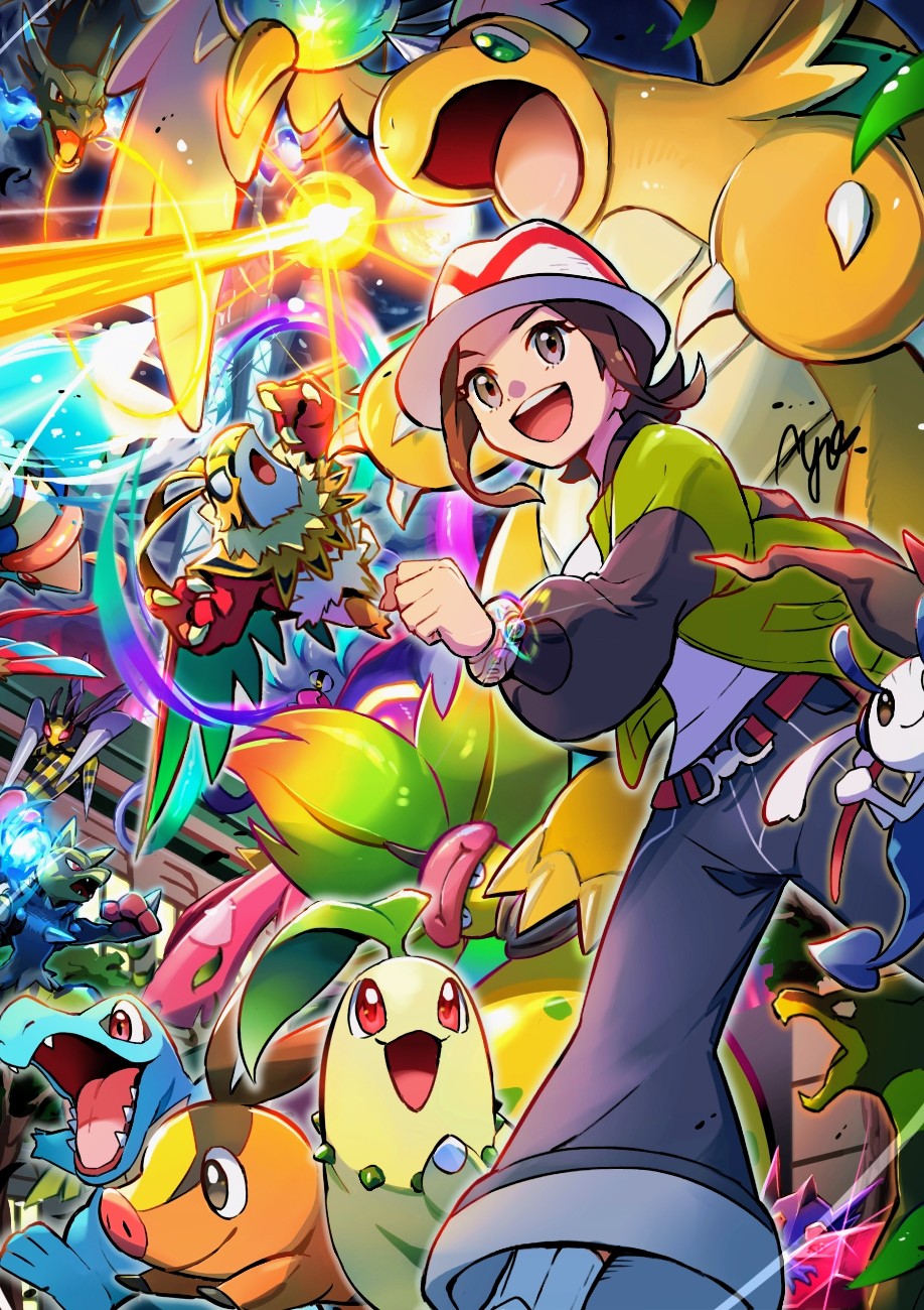 ayo (ayosanri009), beedrill, charizard, chikorita, dragonite, floette, floette (eternal), greninja, harmony (pokemon), hawlucha, lucario, mega beedrill, mega charizard x, mega dragonite, mega hawlucha, mega lucario, mega victreebel, tepig, totodile, victreebel, nintendo, pokemon, pokemon legends: z-a, commentary request, highres, 1girl, :d, alternate color, belt, bracelet, brown belt, brown hair, gen 1 pokemon, gen 2 pokemon, gen 4 pokemon, gen 5 pokemon, gen 6 pokemon, green jacket, hat, jacket, jewelry, long sleeves, mega pokemon, open clothes, open jacket, open mouth, pants, pokemon (creature), shiny pokemon, signature, smile, socks, teeth, upper teeth only, white hat