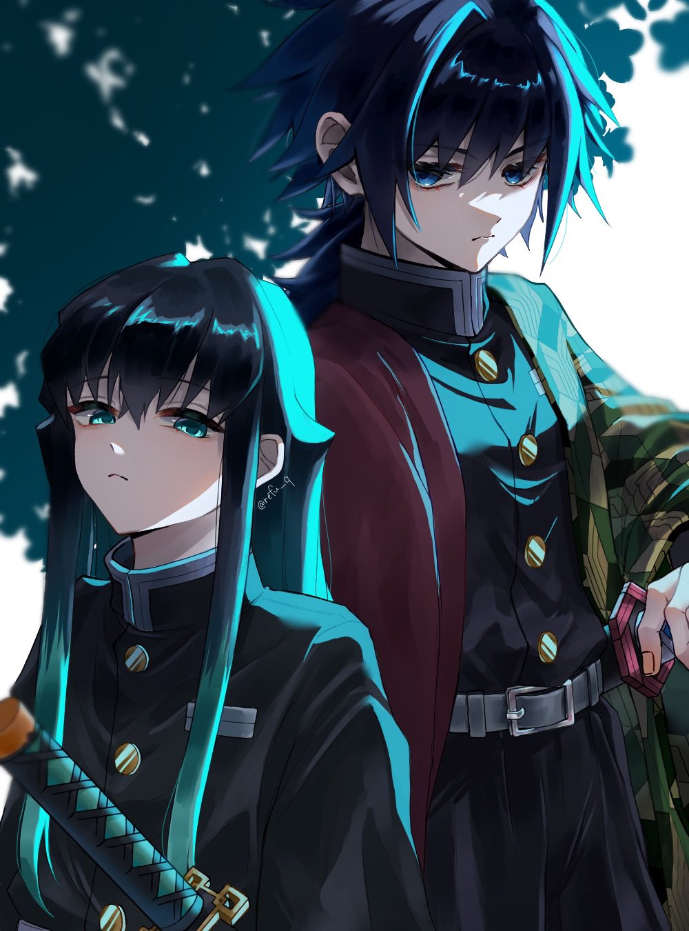 tokitou muichirou, tomioka giyuu, kimetsu no yaiba, highres, 2boys, aqua eyes, aqua hair, belt, black hair, black jacket, black pants, blue eyes, buttons, closed mouth, demon slayer uniform, gold buttons, haori, high collar, holding, holding sword, holding weapon, jacket, japanese clothes, katana, kikkoumon, looking at viewer, low ponytail, male focus, multicolored hair, multiple boys, pants, ponytail, print haori, red haori, refu q, spiked hair, sword, two-tone hair, weapon, white belt