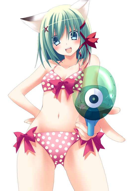 greenwood, zinno, midori (greenwood), original, 1girl, animal ears, bikini, blue eyes, cat ears, cloud, female focus, green hair, hair ribbon, navel, open mouth, polka dot, polka dot bikini, polka dot swimsuit, ribbon, short hair, side-tie bikini bottom, simple background, sky, solo, swimsuit, water gun