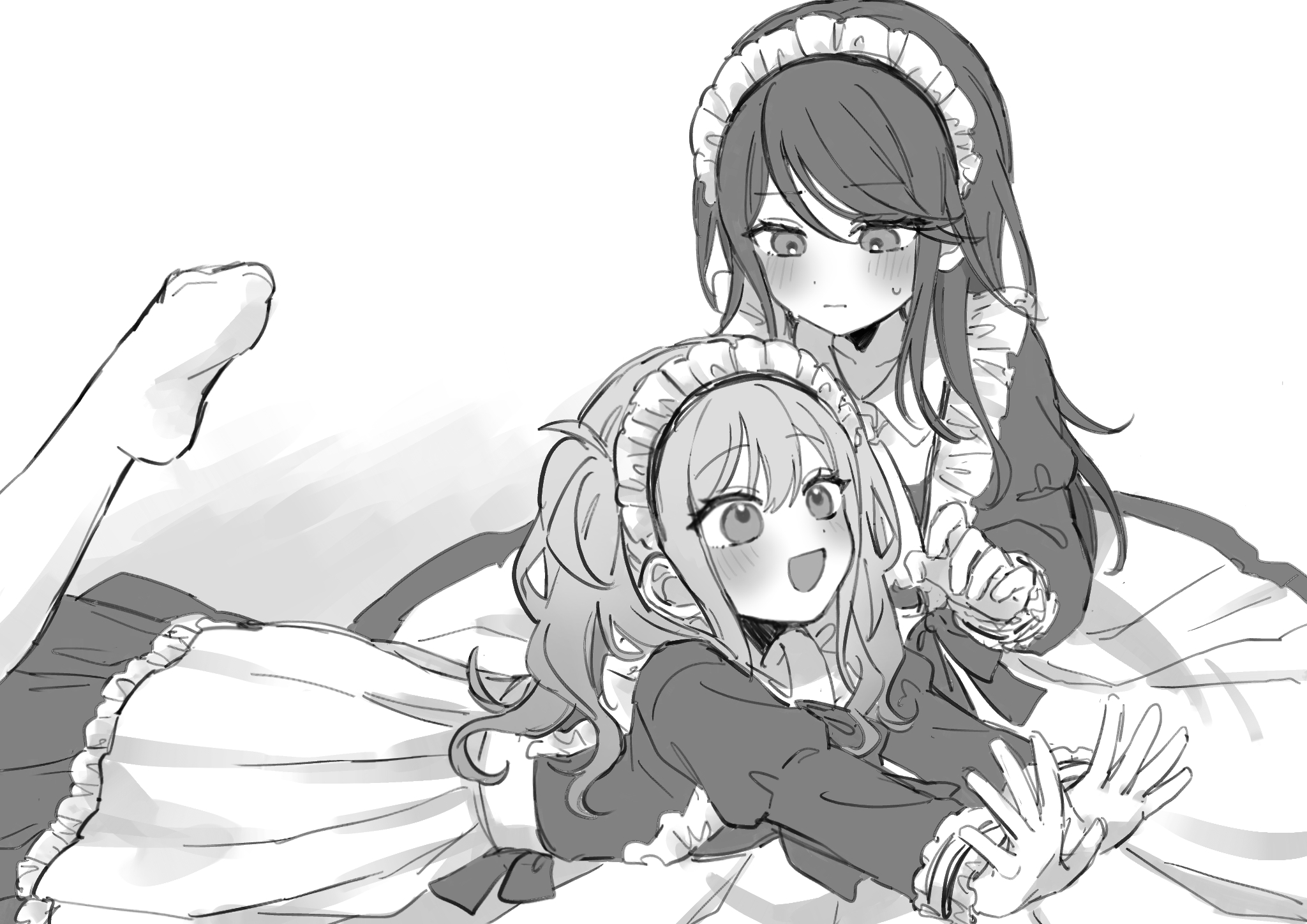 mu ri003, hoshino ichika (project sekai), tenma saki, project sekai, commentary, highres, 2girls, :d, apron, blush, dot nose, dress, frilled apron, frills, greyscale, long dress, long hair, looking at another, maid, maid apron, maid headdress, monochrome, multiple girls, open mouth, outstretched arms, simple background, smile, socks, sweatdrop, twintails, white background