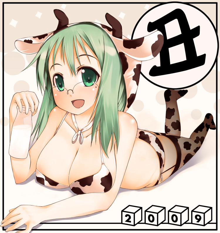 hubrael, 00s, 1girl, 2009, animal ears, animal print, bikini, breasts, cleavage, cow ears, cow print, female focus, glasses, green eyes, green hair, large breasts, new year, solo, swimsuit, thighhighs