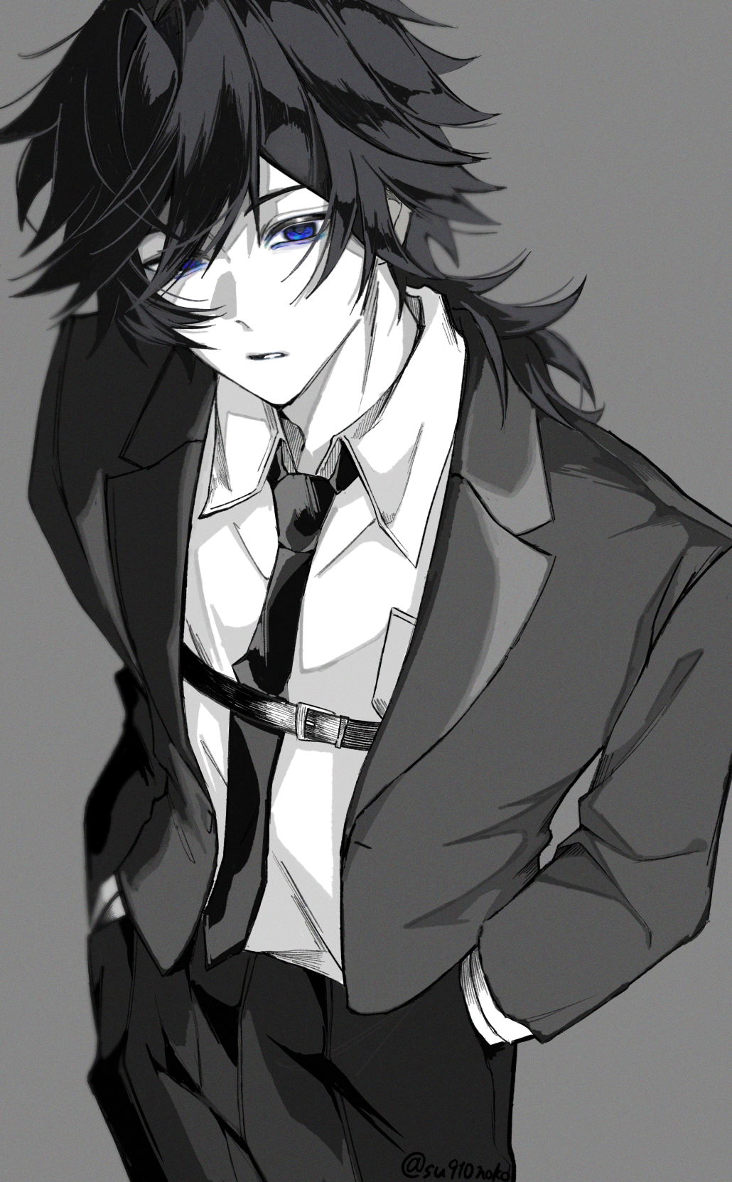 tomioka giyuu, kimetsu no yaiba, highres, 1boy, alternate costume, blue eyes, collared shirt, cowboy shot, grey background, greyscale, hair between eyes, half-closed eyes, hands in pockets, haori, japanese clothes, looking at viewer, low ponytail, male focus, monochrome, necktie, parted lips, partially colored, ponytail, red haori, shirt, simple background, spiked hair, su910noko, teeth, twitter username