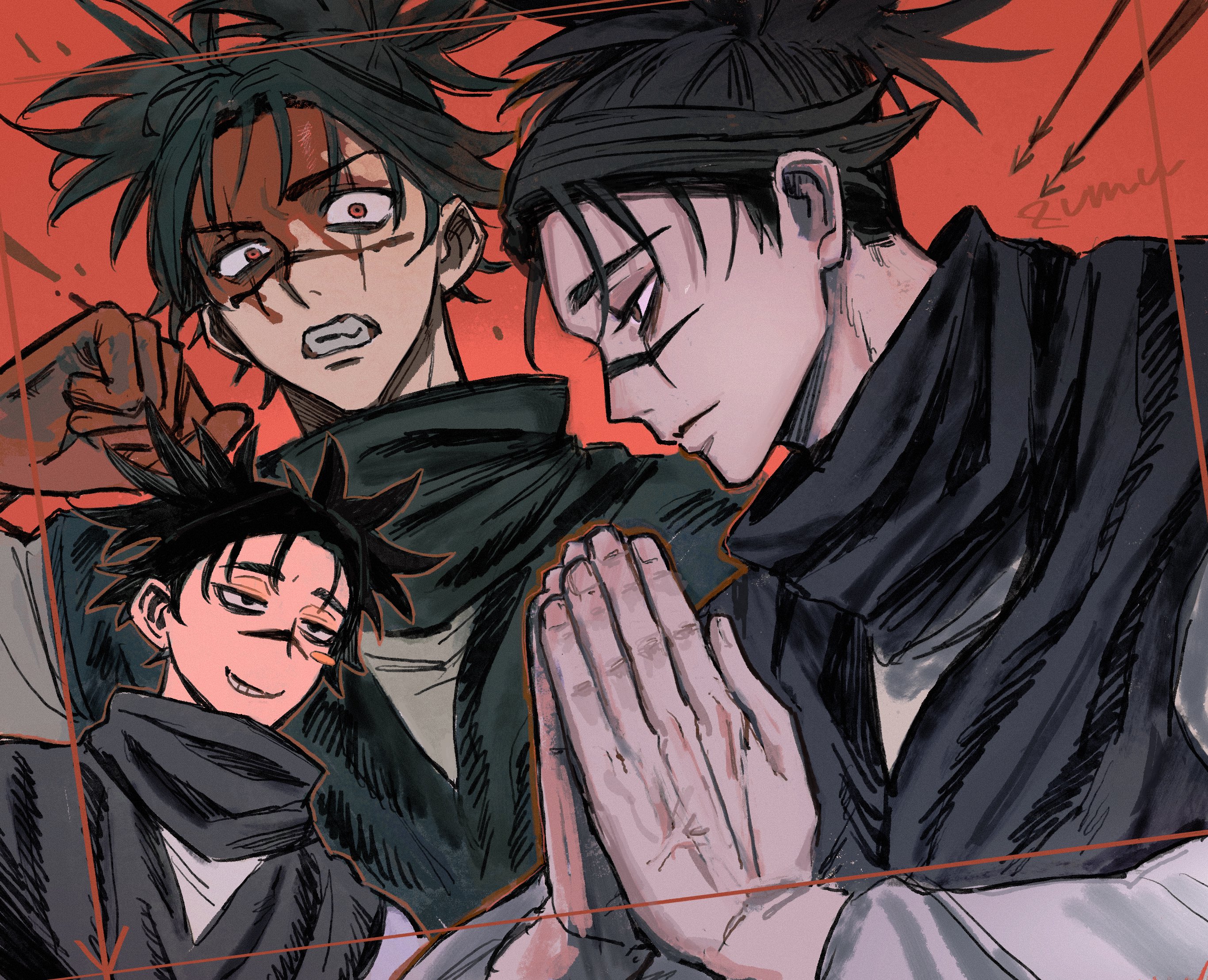 zumu (quw87), choso (jujutsu kaisen), jujutsu kaisen, highres, 1boy, black hair, black scarf, clenched teeth, facial mark, male focus, multiple views, pale skin, palms together, red eyes, scarf, short hair, short twintails, smile, spiked hair, teeth, twintails