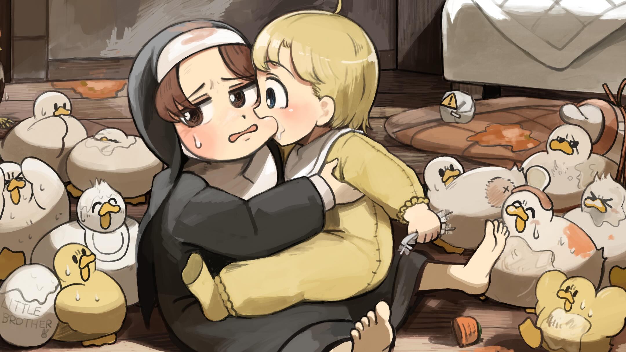diva (hyxpk), clumsy nun (diva), hungry nun (diva), little nuns (diva), commentary, english commentary, highres, 2girls, aged down, baby animal, barefoot, bib, bird, biting, biting cheek, blonde hair, blue eyes, brown eyes, brown hair, chicken, duck, duckling, egg, multiple girls, nun, socks, traditional nun, yellow socks