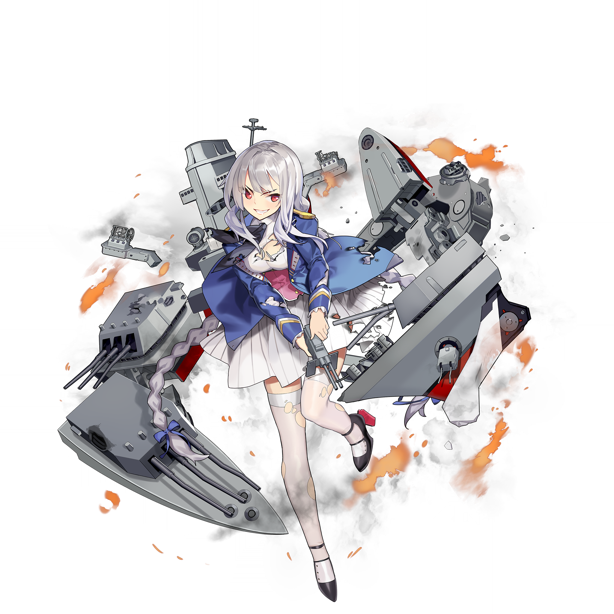 warship girls r, artist request, highres, official art, 1girl, autocannon, black neckerchief, blue jacket, blue ribbon, bofors 40 mm gun, boston (warship girls r), cannon, dress, evil grin, evil smile, full body, grey hair, grin, gun, hair ribbon, holding, holding gun, holding weapon, jacket, long hair, low twintails, neckerchief, red eyes, ribbon, rigging, smile, smoke, smokestack, thighhighs, torn clothes, torn dress, torn jacket, torn thighhighs, transparent background, twintails, weapon, white dress, white thighhighs