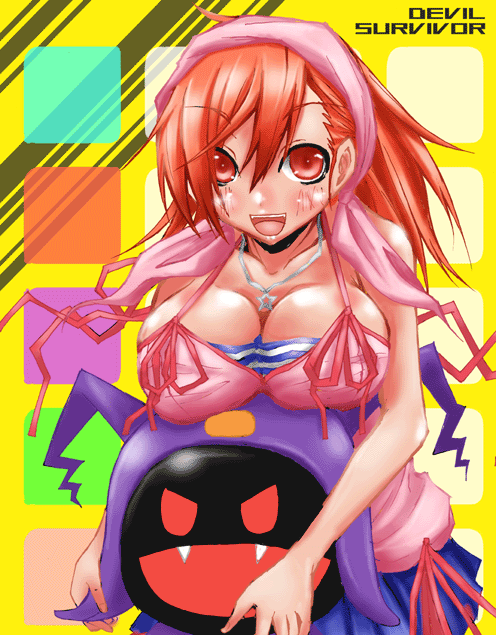 beni, black frost, jack frost (megami tensei), tanigawa yuzu, devil survivor (series), devil survivor 1, striped, 1girl, bandana, breasts, camisole, cleavage, demon (megami tensei), fang, fangs, jewelry, large breasts, necklace, orange hair, red eyes, ribbon, smile, tank top