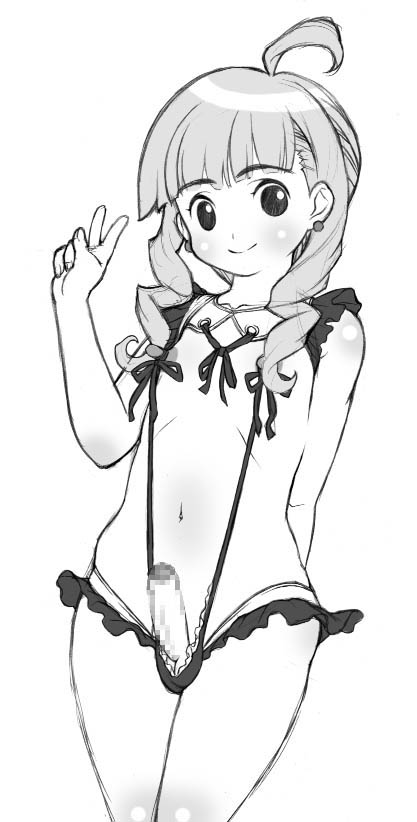 kei (bekei), original, 1boy, 1futa, censored, covered erect nipples, drill hair, futanari, greyscale, male focus, monochrome, mosaic censoring, penis, shota, solo