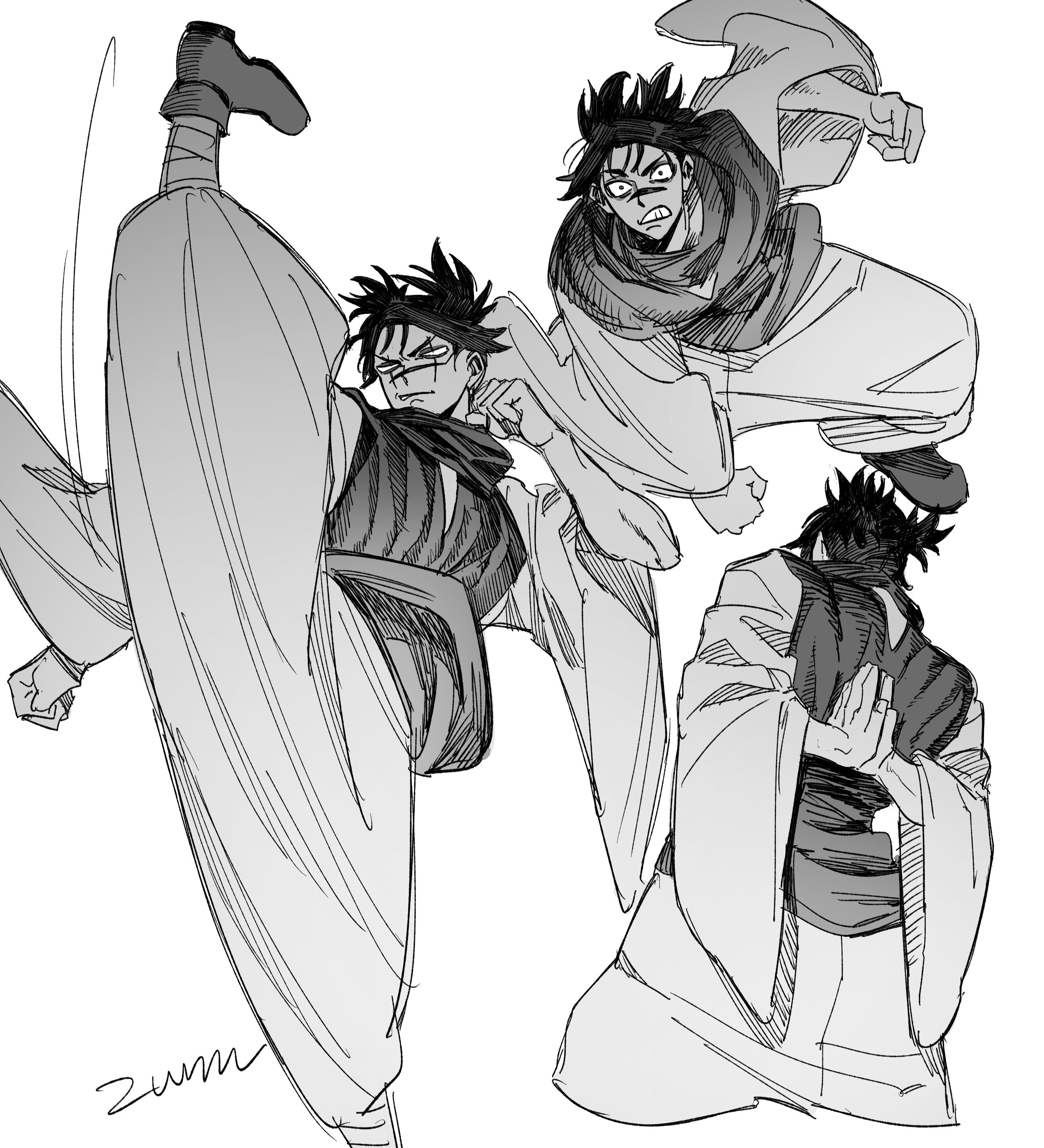 zumu (quw87), choso (jujutsu kaisen), jujutsu kaisen, absurdres, highres, 1boy, black hair, facial mark, high kick, kicking, male focus, monochrome, palms together, robe, scarf, short twintails, signature, twintails, white background, white robe