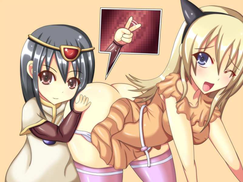 85g, fatina, fatina (druaga), ki (druaga), babylonian castle saga, bandai namco, druaga no tou, ass grab, pink legwear, bad id, bad pixiv id, 2girls, age difference, animal ears, ass, bare arms, belt, belted dress, black hair, blonde hair, blue eyes, breasts, brown sleeves, butt crack, cat ears, censored, circlet, clothes lift, cowboy shot, cross-section, dress, dress lift, facing viewer, fisting, leaning forward, loli, long hair, looking at viewer, mosaic censoring, multiple girls, onee-loli, orange dress, panties, panty pull, pantyshot, red eyes, short dress, simple background, sleeveless, sleeveless dress, small breasts, thighhighs, underwear, v, white belt, yuri