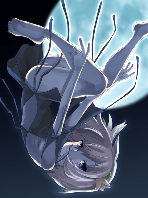 toku sonchou, ren (fragile), fragile, fragile: sayonara tsuki no haikyo, 1girl, barefoot, feet, female focus, moon, solo, upside-down