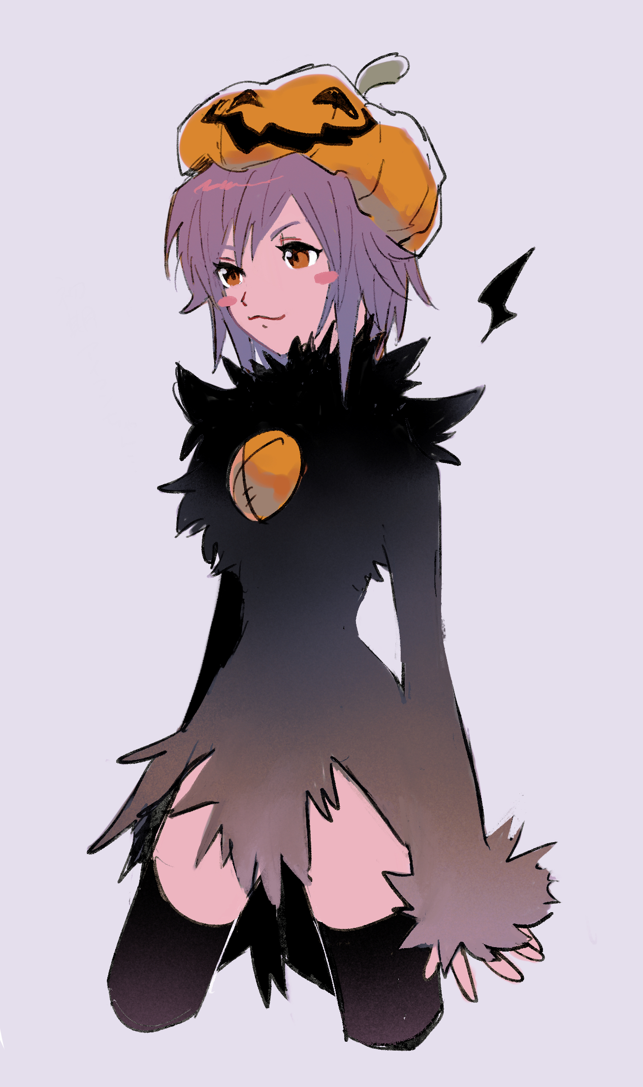 zumu (quw87), jack-o' ran-tan, napoli no otokotachi, highres, 1girl, black thighhighs, blush stickers, brown eyes, cropped legs, jack-o'-lantern hat, purple hair, short hair, simple background, thighhighs