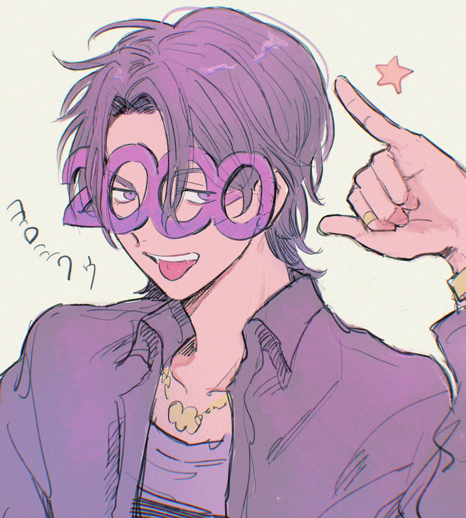 zumu (quw87), jack-o' ran-tan, napoli no otokotachi, highres, 1boy, jewelry, male focus, purple eyes, purple hair, ring, short hair, solo, star (symbol), upper body