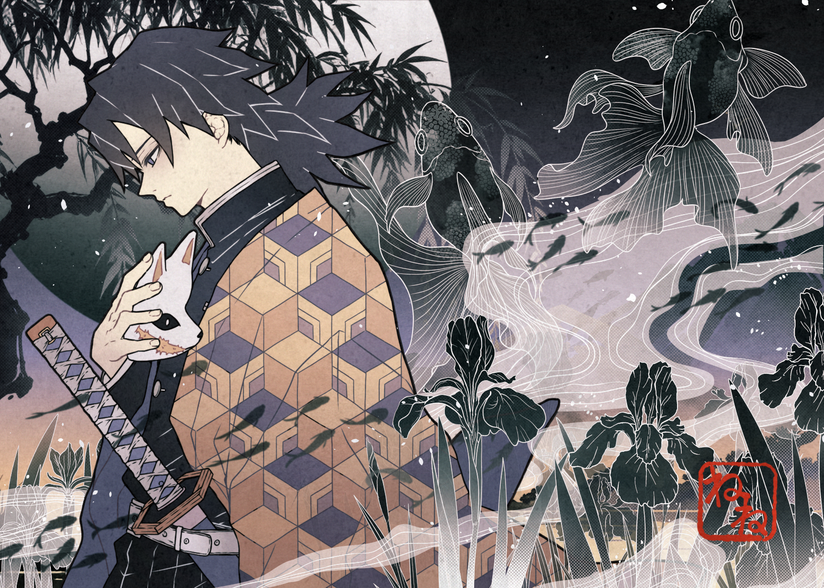 brandishe, tomioka giyuu, kimetsu no yaiba, highres, 1boy, belt, black hair, black jacket, black pants, buttons, closed mouth, demon slayer uniform, fish, flower, fox mask, full moon, gold buttons, haori, head down, high collar, holding, holding mask, jacket, japanese clothes, kikkoumon, low ponytail, male focus, mask, moon, pants, ponytail, print haori, profile, solo, spiked hair, white belt