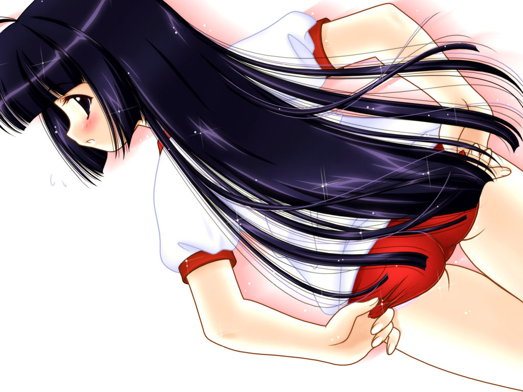 fujimiya, 1girl, adjusting buruma, adjusting clothes, ass, black eyes, black hair, blunt bangs, blush, buruma, female focus, from behind, gym uniform, hime cut, long hair, looking back, solo