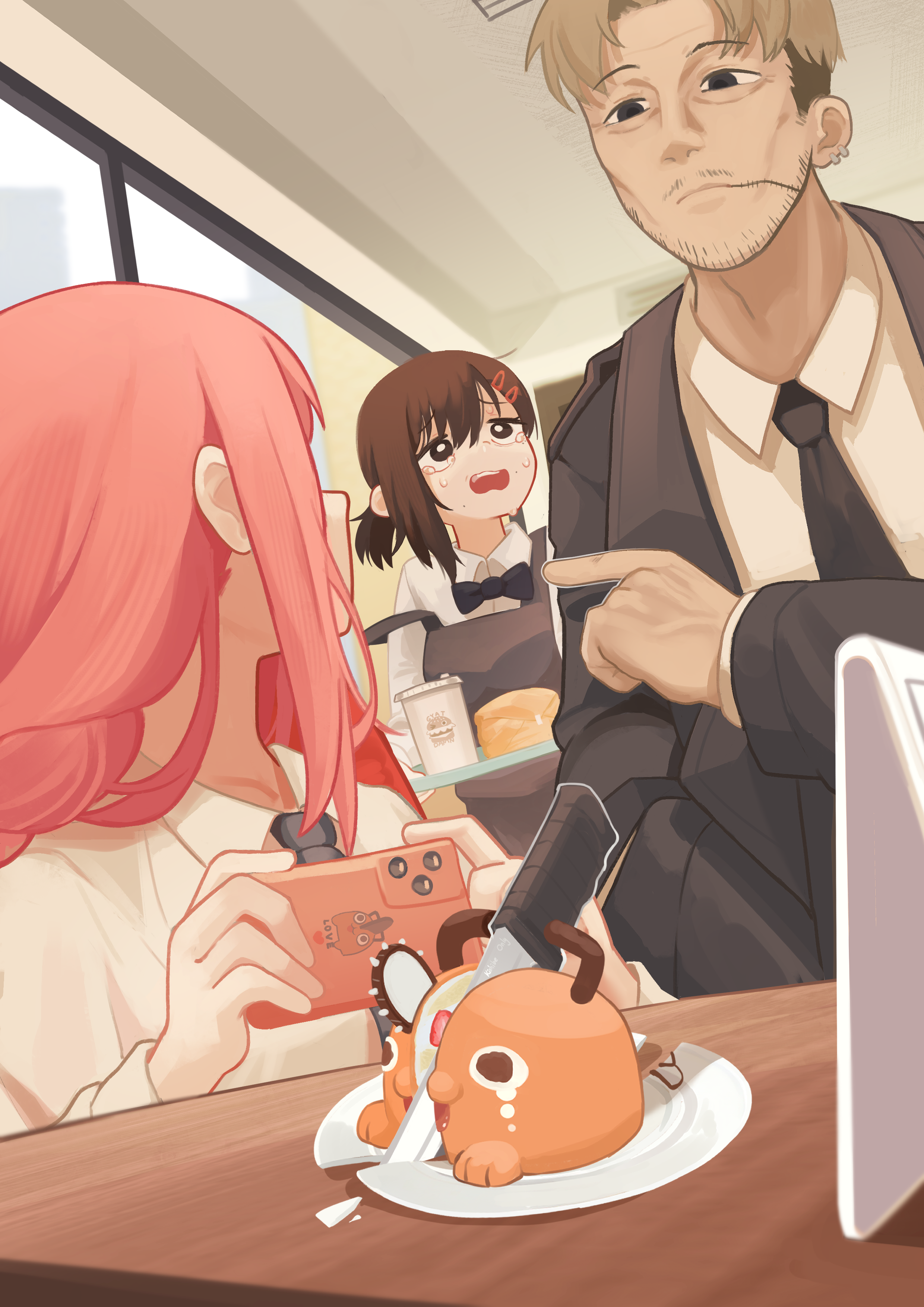 nanachides, higashiyama kobeni, kishibe (chainsaw man), makima (chainsaw man), pochita (chainsaw man), chainsaw man, absurdres, commentary, english commentary, highres, 1boy, 2girls, apron, black apron, black necktie, collared shirt, facial hair, holding, looking at another, multiple girls, necktie, phone, shirt, short hair, stubble, white shirt