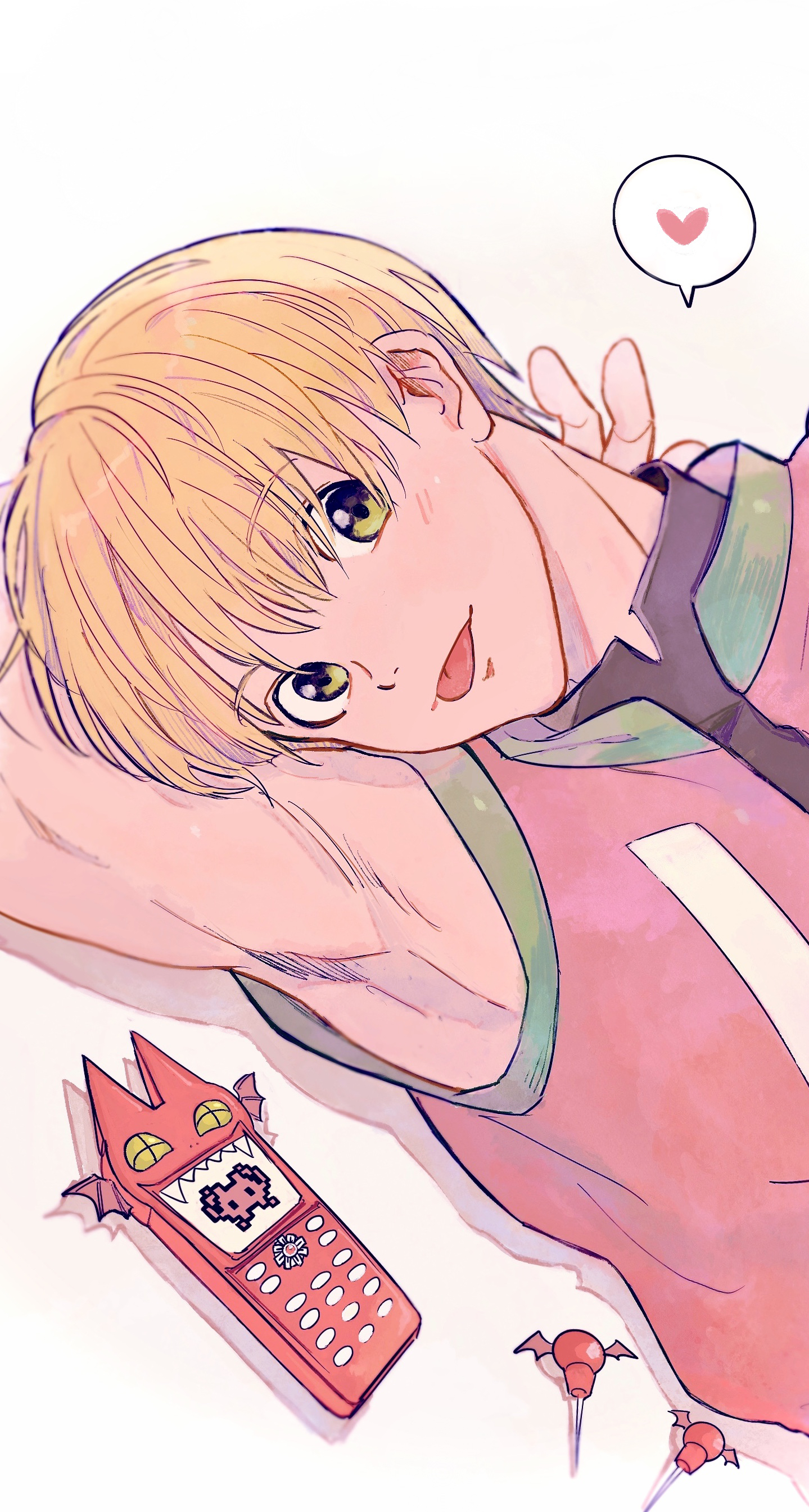 zumu (quw87), shalnark, hunter x hunter, space invaders, absurdres, highres, 1boy, animal ears, bat ears, bishounen, cellphone, heart, phone, sleeveless, sleeveless jacket, spoken heart, tongue, tongue out, upper body, yellow eyes